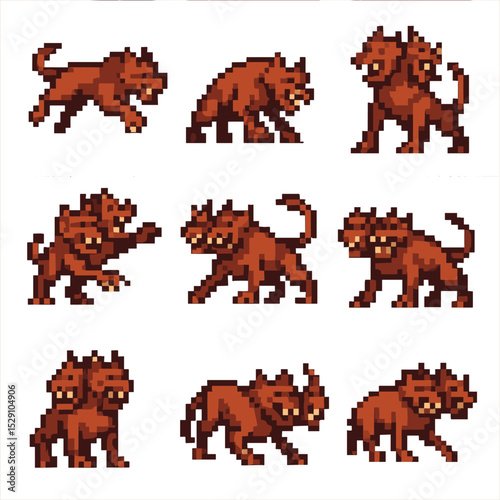 Cerberus Battle Icons. Pixel art icon set of Cerberus fighting poses: leap attack, bite strike, ground shake, multi-head snap,