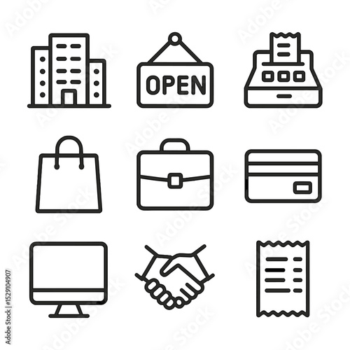 Business Reopening Icons. Outline icon set of business reopening & commerce: office building, open sign, cash register, shopping