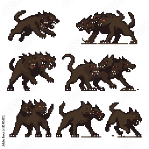 Cerberus Battle Icons. Pixel art icon set of Cerberus fighting poses: leap attack, bite strike, ground shake, multi-head snap,