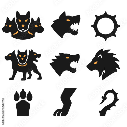 Cerberus Anatomy Icons. Flat icon set of Cerberus anatomy: three heads, sharp fangs, spiked collar, muscular body, barking mouths,
