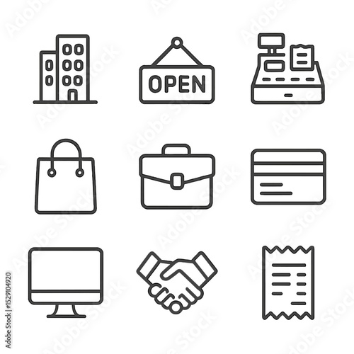 Business Reopening Icons. Outline icon set of business reopening & commerce: office building, open sign, cash register, shopping