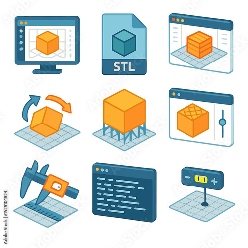 CAD File Preparation Icons. Isometric Flat icon set of CAD and file preparation: CAD software interface, STL file, slicing