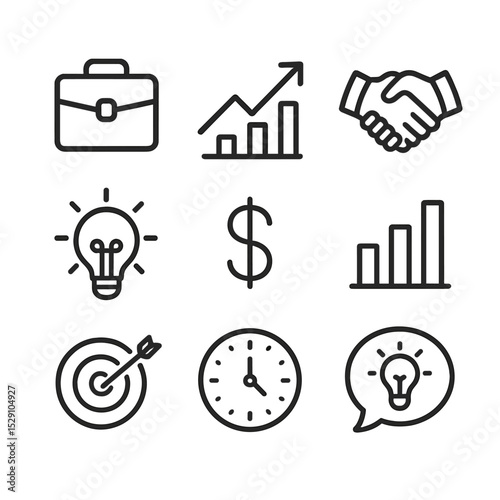 Business Concept Icons. Outline icon set of instant realization in business: briefcase, upward graph, handshake, lightbulb, dollar