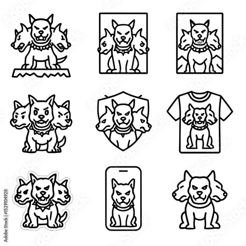 Cerberus Icon Collection. Outline icon set of Cerberus in pop culture: video game boss, comic book cover, movie poster, anime