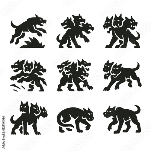 Cerberus Combat Icons. Flat icon set of Cerberus fighting poses: leap attack, bite strike, ground shake, multi-head snap, tail