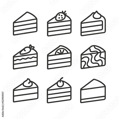Cake Icon Collection. Outline icon set of cake flavors: chocolate slice, strawberry slice, vanilla slice, red velvet, carrot cake,