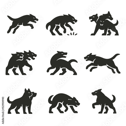 Cerberus Combat Icons. Flat icon set of Cerberus fighting poses: leap attack, bite strike, ground shake, multi-head snap, tail