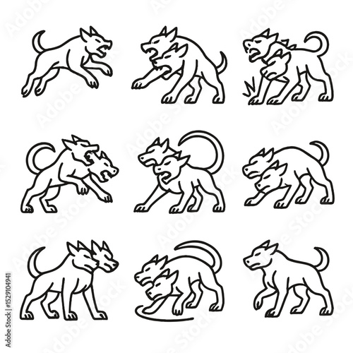 Cerberus Combat Icons. Outline icon set of Cerberus fighting poses: leap attack, bite strike, ground shake, multi-head snap, tail