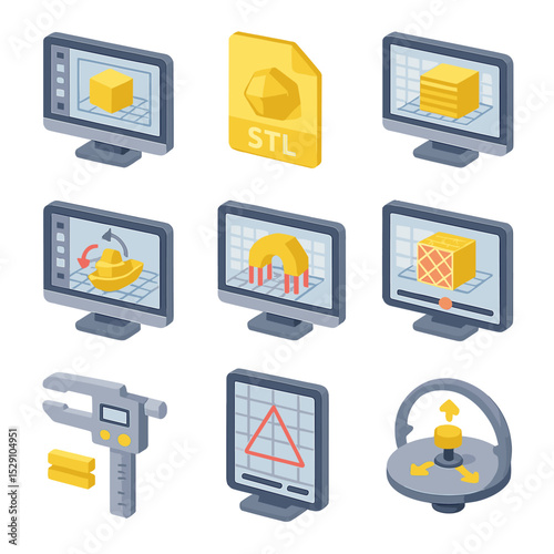 CAD File Preparation Icons. Isometric Flat icon set of CAD and file preparation: CAD software interface, STL file, slicing
