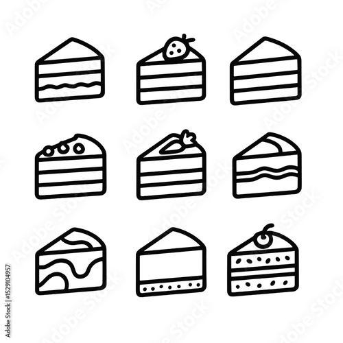 Cake Icon Collection. Outline icon set of cake flavors: chocolate slice, strawberry slice, vanilla slice, red velvet, carrot cake,