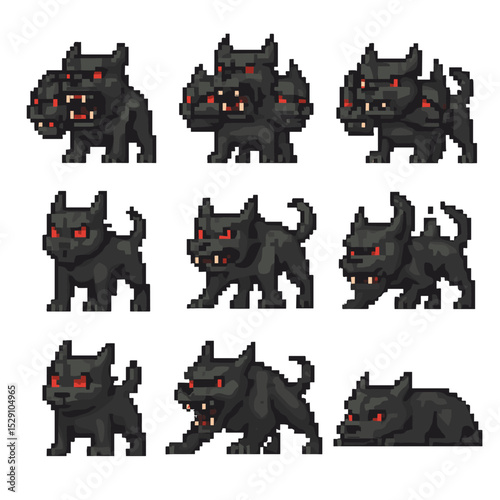 Cerberus Emotion Icons. Pixel art icon set of Cerberus emotions: fierce growl, triumphant roar, snarling lips, alert stance,