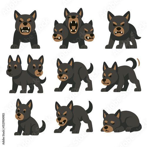 Cerberus Emotion Icons. Flat icon set of Cerberus emotions: fierce growl, triumphant roar, snarling lips, alert stance, defensive