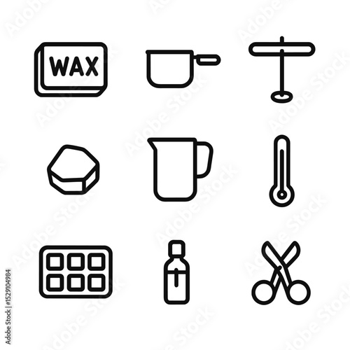 Candle Making Icons. Outline icon set of candle making tools: wax block, melting pot, wick holder, pouring pitcher, dye chip,