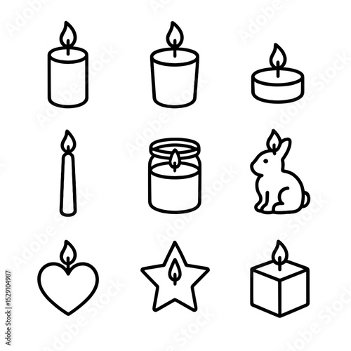 Candle Icon Set. Outline icon set of basic candle shapes: pillar, votive, tea light, taper, jar candle, molded animal, heart shape
