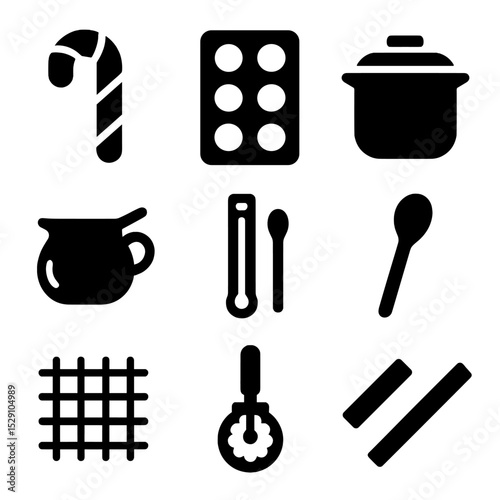 Candy Cane Icons. Solid, Filled icon set of candy cane making: peppermint stick, candy mold, sugar pot, candy thermometer, mixing