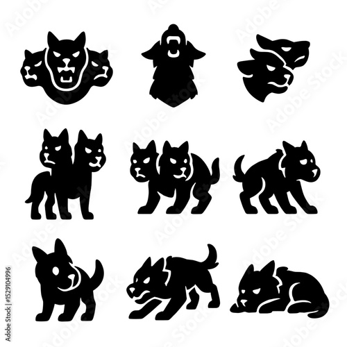 Cerberus Emotions Icons. Solid, Filled icon set of Cerberus emotions: fierce growl, triumphant roar, snarling lips, alert stance,