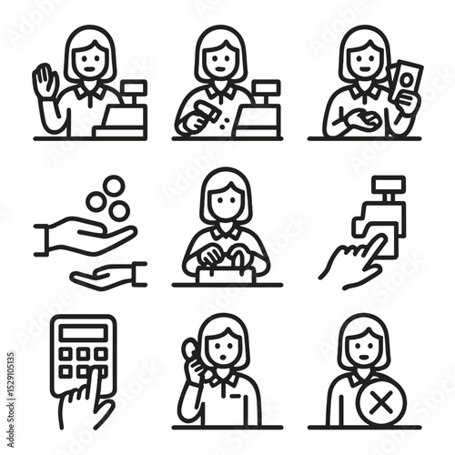 Cashier Icon Set. Outline icon set of cashier actions: greeting gesture, scanning item, counting cash, handing change, bagging