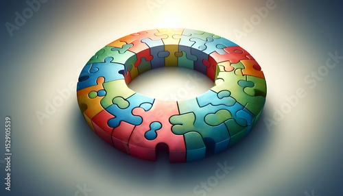 Abstract concept of accord shown as interlocking puzzle pieces of different colors forming a complete circle.