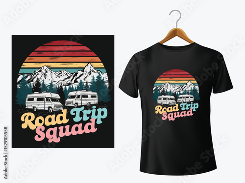 Road trip squad t shirt design featuring vintage campers and mountain scenery