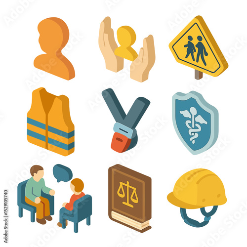 Child Safety Icons. Isometric Flat icon set of Child Protection Services: child silhouette, guardian hands, school crossing sign,
