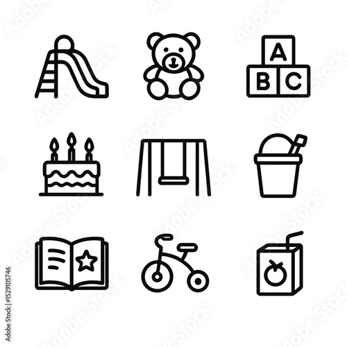 Childhood Memory Icons. Outline icon set of childhood memory scenes: playground slide, teddy bear, building blocks, birthday cake,