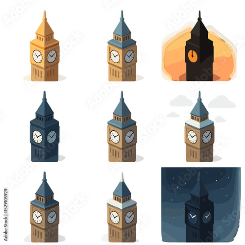 Clock Tower Icon Set. Isometric Flat icon set of clock tower at different times of day: sunrise glow effect, midday sun reflection