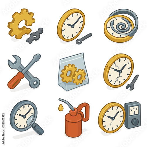 Clock Repair Icons. Isometric Flat icon set of clock repair scenarios: broken gear wheel, detached minute hand, warped clock