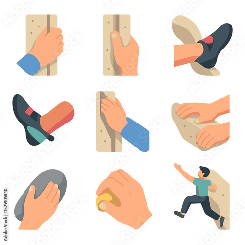 Climbing Technique Icons. Isometric Flat icon set of climbing techniques and holds: hand jam, finger crack, toe hook, heel hook,