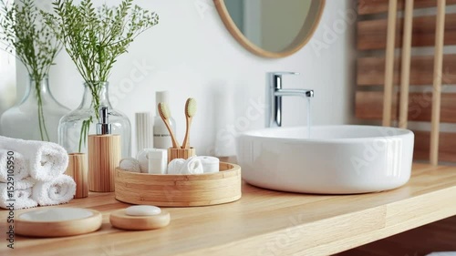 Wooden countertop in bathroom with sink and spa accessories