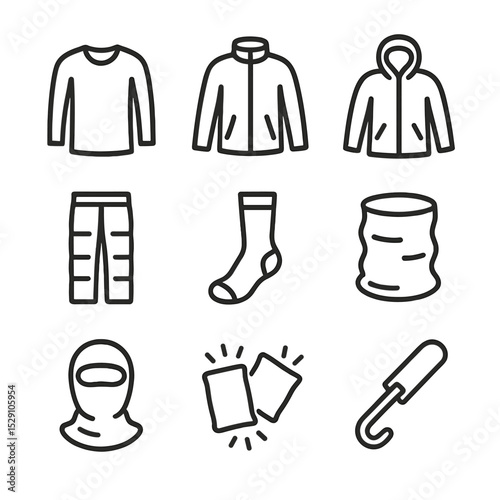 Clothing Layers Icons. Outline icon set of clothing layers: base layer shirt, mid layer fleece, outer shell, insulated pants,
