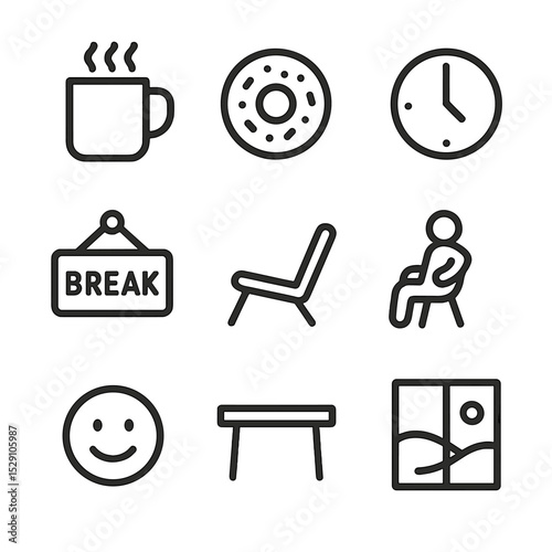 Coffee Break Icons. Outline icon set of coffee break moments: steaming mug, donut, clock, break sign, lounge chair, relaxed