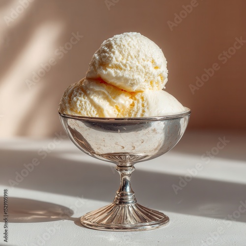silver coupe glass topped with a creamy vanilla ice cream scoop 
