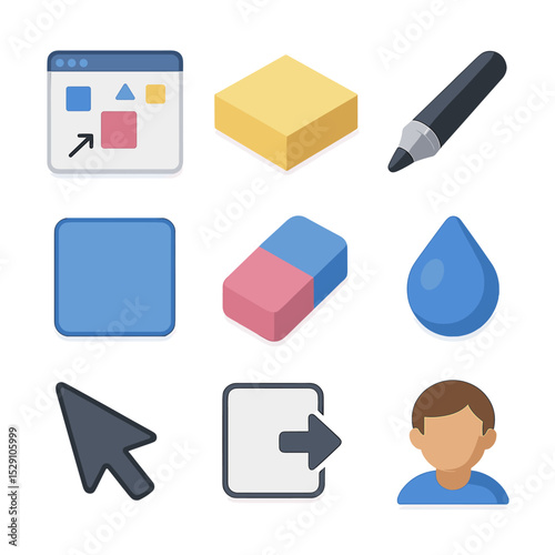 Collaborative Whiteboard Icons. Isometric Flat icon set of collaborative whiteboarding: virtual whiteboard board, sticky note pad,