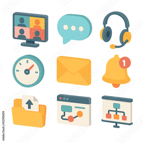 Communication Protocol Icons. Isometric Flat icon set of communication protocols for distributed teams: video conference screen,
