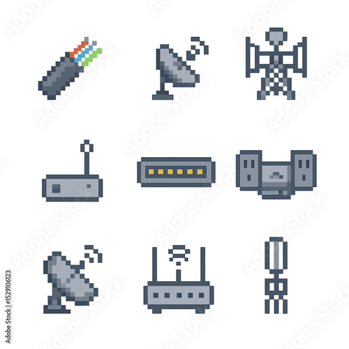 Communication Technology Icons. Pixel art icon set of communication backbone technologies: fiber optic cable, microwave link,