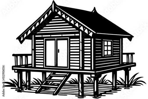 Black and white illustration of a stilt house