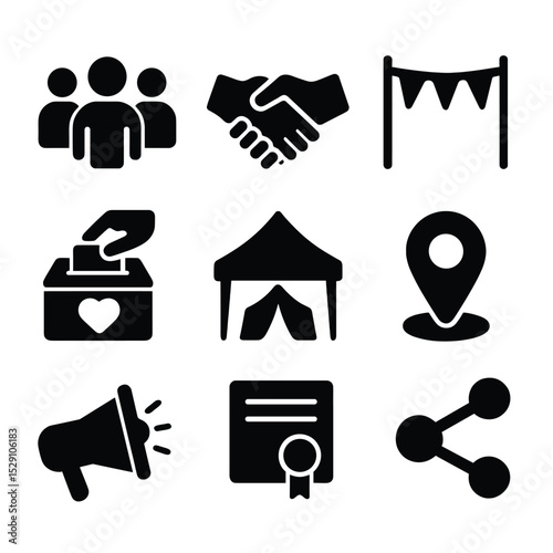 Community Icons Grid. Solid, Filled icon set of community engagement: volunteer group, handshake, event banner, donation box,