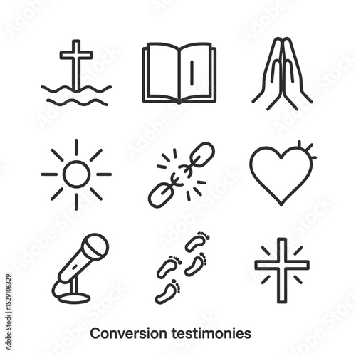 Conversion Symbol Icons. Outline icon set of Conversion testimonies: baptized font, open Bible, praying hands, light burst, broken