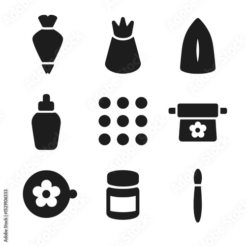 Cookie Decorating Icons. Solid, Filled icon set of cookie decorating tools: piping bag, star tip, leaf tip, flood icing, sugar