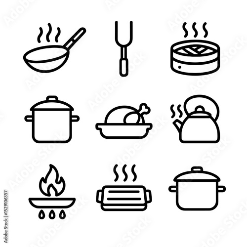 Cooking Technique Icons. Outline icon set of cooking techniques and processes: stir-fry wok, grilling fork, steaming basket,