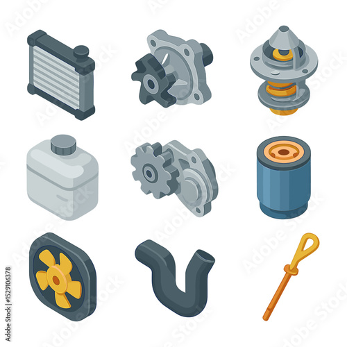 Cooling and Lubrication Icons. Isometric Flat icon set of Cooling and Lubrication Systems: radiator, water pump, thermostat,