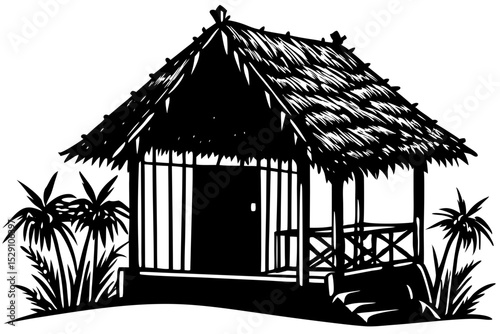 Tropical thatched hut bungalow palm trees silhouette