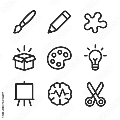 Creative Breakthrough Icons. Outline icon set of creative breakthrough: paintbrush, pencil, color splash, idea box, palette,