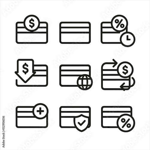 Credit Card Charges Icons. Outline icon set of credit card fees and charges: annual fee, interest rate, late payment fee, cash