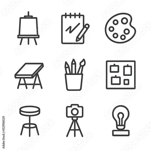 Creative Studio Icons. Outline icon set of creative studio dens: easel, sketchpad, paint palette, drafting table, pencil holder,