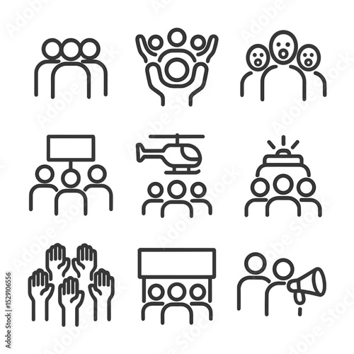 Crowd Help Icons. Outline icon set of crowd help calls: crowd of people, group wave, mass shout, protest sign, helicopter overhead