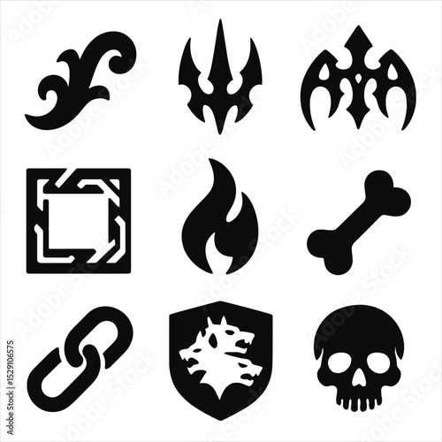Cerberus Icon Grid. Solid, Filled icon set of Cerberus decorative motifs: baroque swirl, tribal pattern, gothic filigree, runic