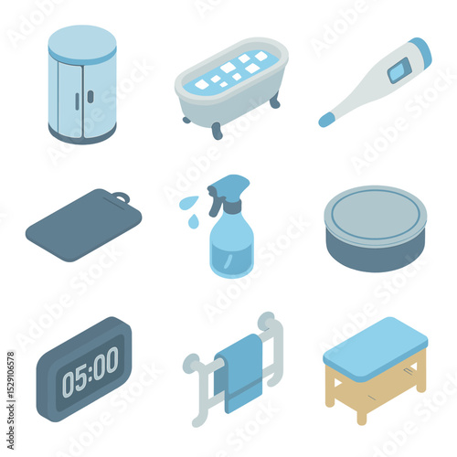 Cryotherapy Icon Set. Isometric Flat icon set of cryotherapy and ice baths: cryo chamber, ice bath tub, thermometer probe,