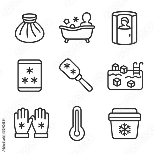 Cryotherapy Icon Set. Outline icon set of cryotherapy methods: ice pack, ice bath tub, cryo chamber, frozen gel pack, ice massage