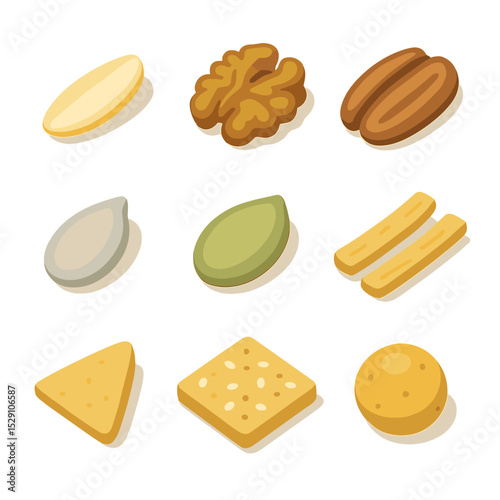 Crunchy Salad Icons. Isometric Flat icon set of crunchy salad elements: almond sliver, walnut half, pecan piece, sunflower seed,